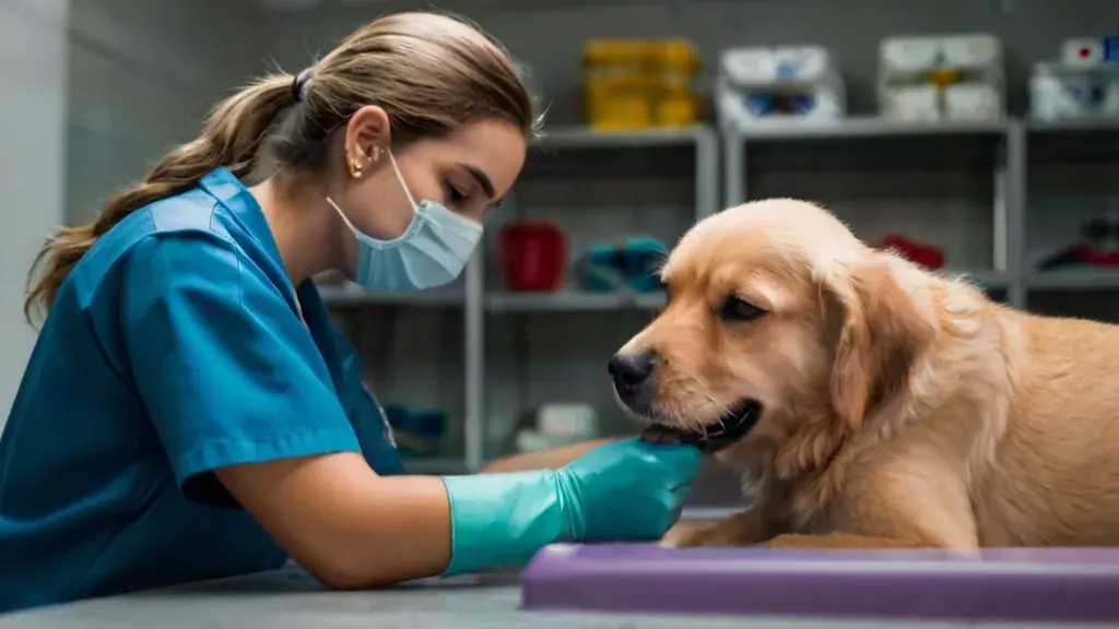 Atendimento de cão por profissional usando máscara